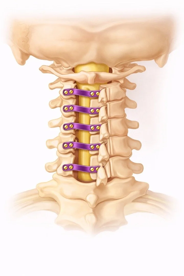 Illustration of a human neck showing cervical vertebrae, with purple surgical plates and screws for spinal stabilization.