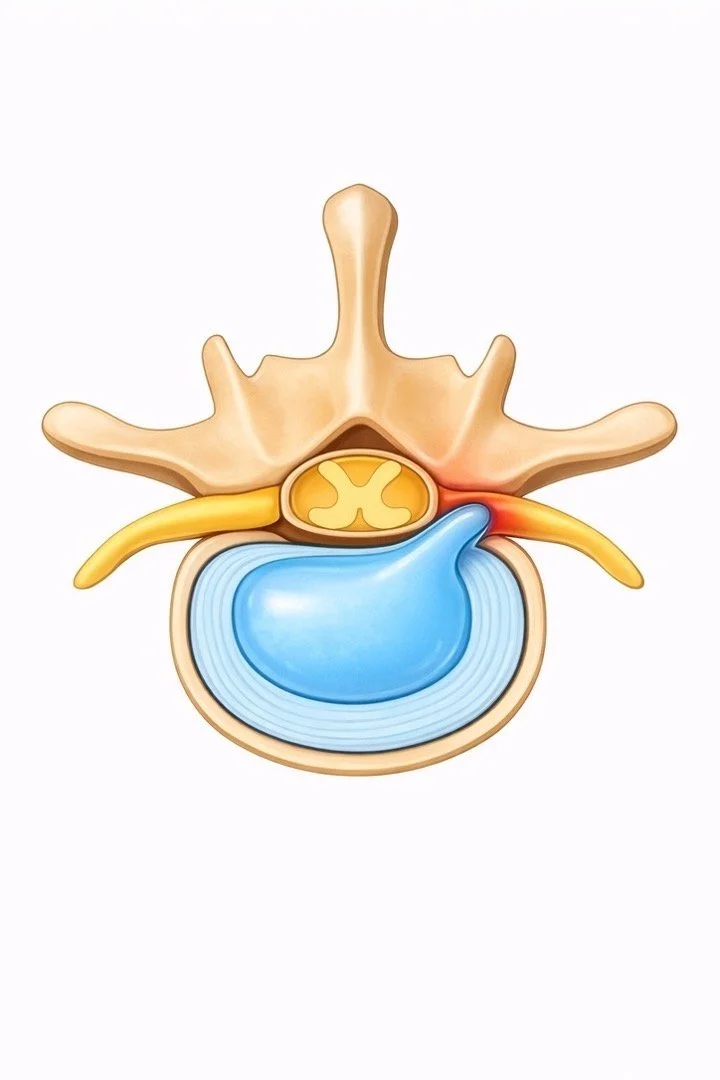 A detailed illustration of a human spinal disc, including vertebra, nerve roots, and surrounding tissues.