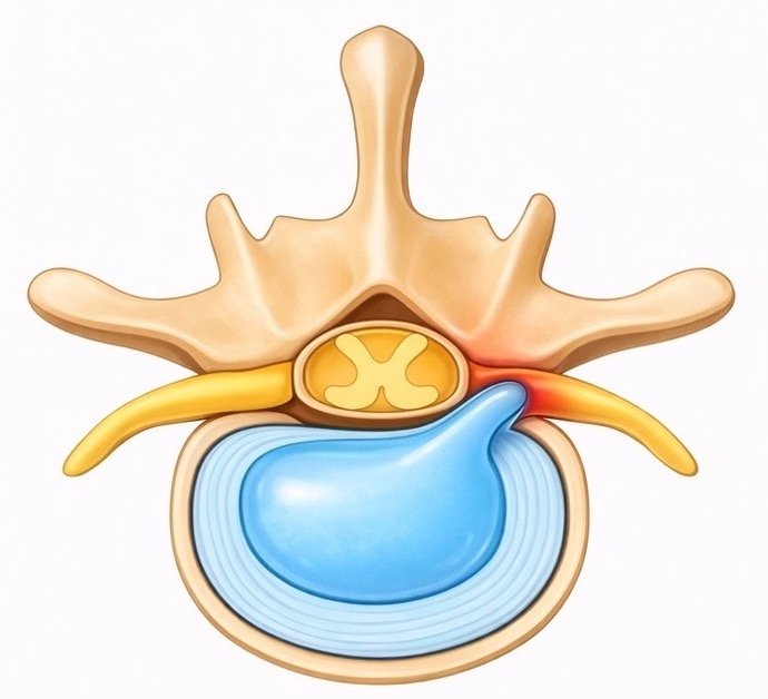 Diagram of a spinal vertebra with a herniated disc pressing on a nerve.