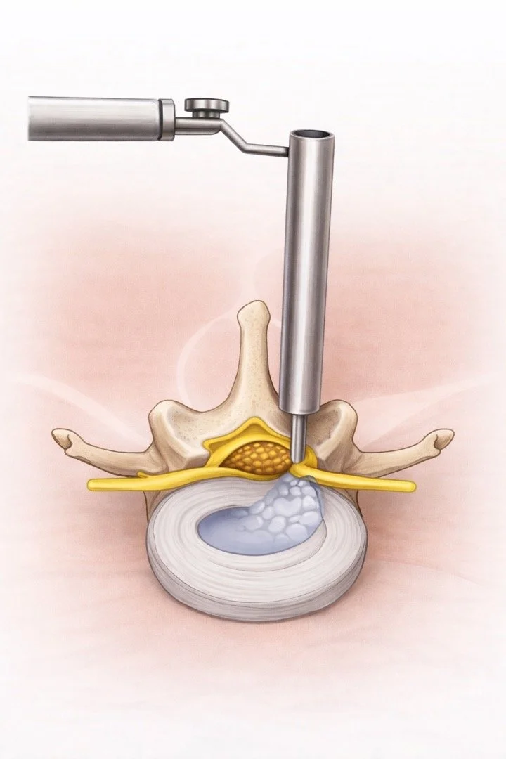 A medical illustration showing a spinal procedure involving a needle inserted into a vertebral disc, with a surgical instrument above, and nerve tissues and disc material highlighted.