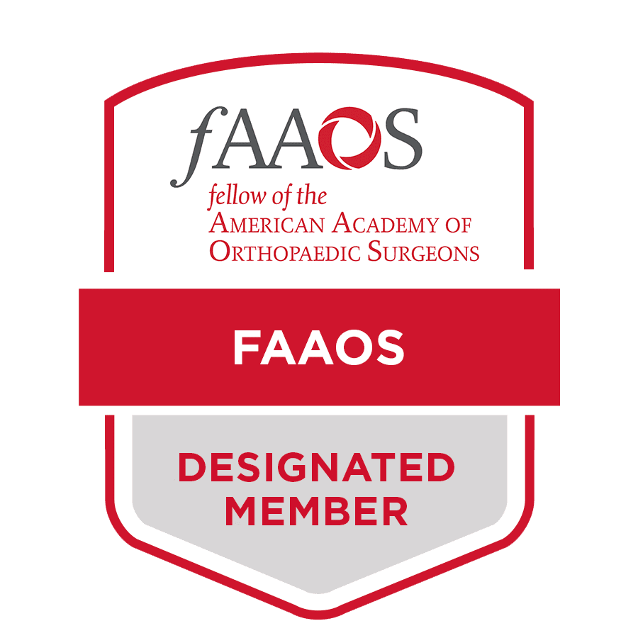 Badge with the logo of the American Academy of Orthopaedic Surgeons, indicating a fellow and designated member of the FAOS