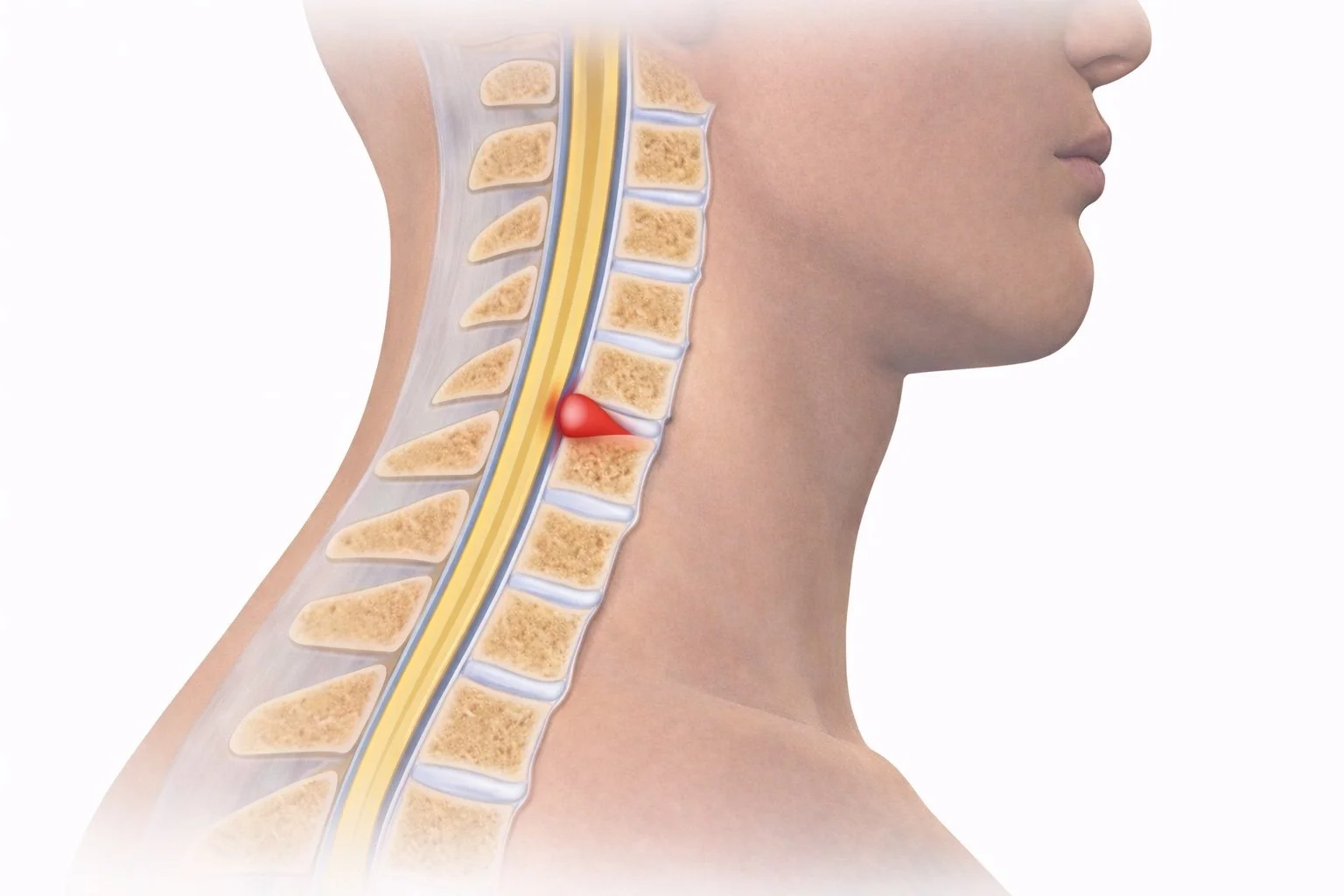 Side view of a human neck showing a herniated disc pressing on the spinal cord between vertebrae.