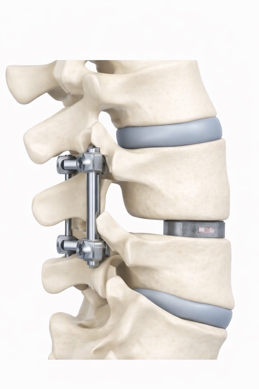 A medical model of a human spine showing vertebrae, intervertebral discs, and surgical hardware.