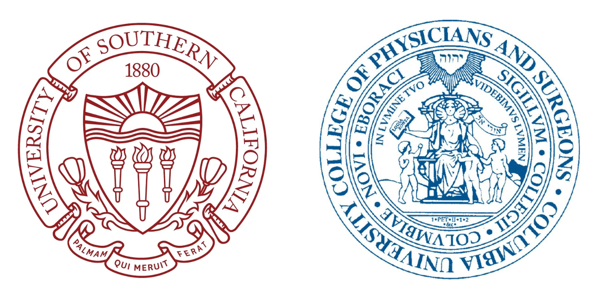 Ordinal images of the University of Southern California seal in red and the Columbia University Irving Medical Center seal in blue.