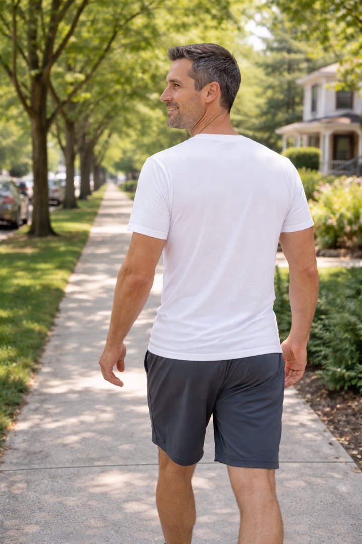 A man with gray hair walking on a sidewalk in a suburban neighborhood during daytime, wearing a white t-shirt and dark shorts, with trees and houses in the background.