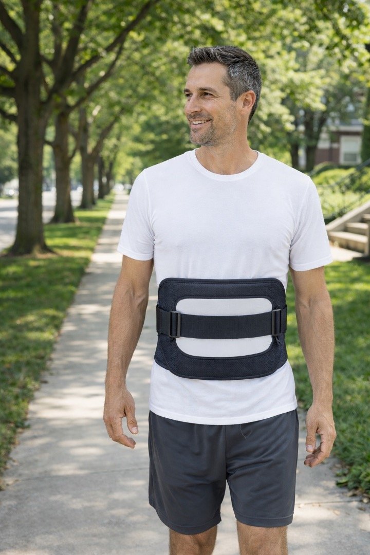 A man smiling and walking outdoors on a sidewalk lined with trees, wearing a white T-shirt, black shorts, and a waist pack.