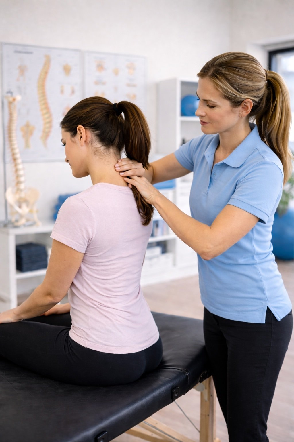 A physical therapist performs neck and shoulder therapy on a female patient seated on a treatment table in a clinical setting.