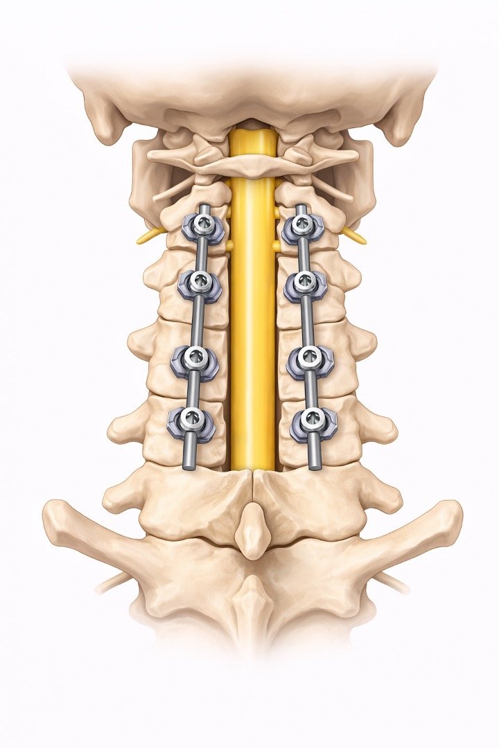 Illustration of a human spine with surgical rods and screws for spinal stabilization.