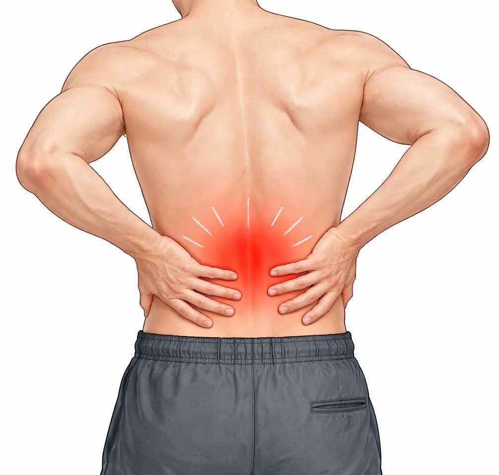 A person with visible muscles is holding their lower back, which is highlighted with a red area indicating pain or discomfort.
