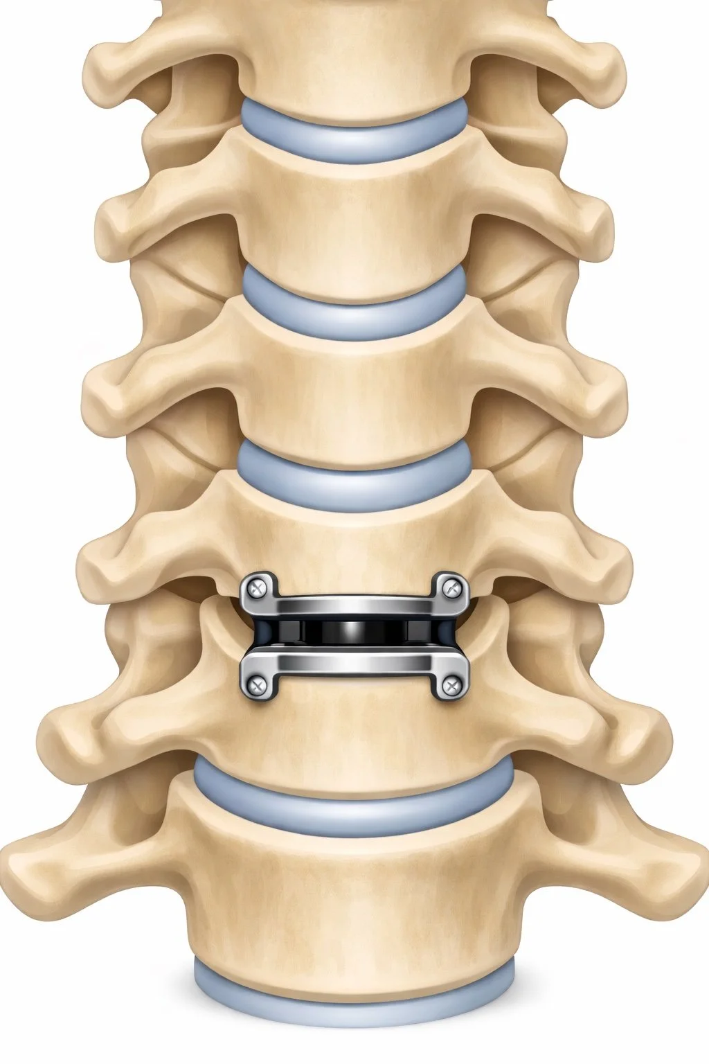 A medical model of a human spine with a metal spinal fusion device attached at one segment.