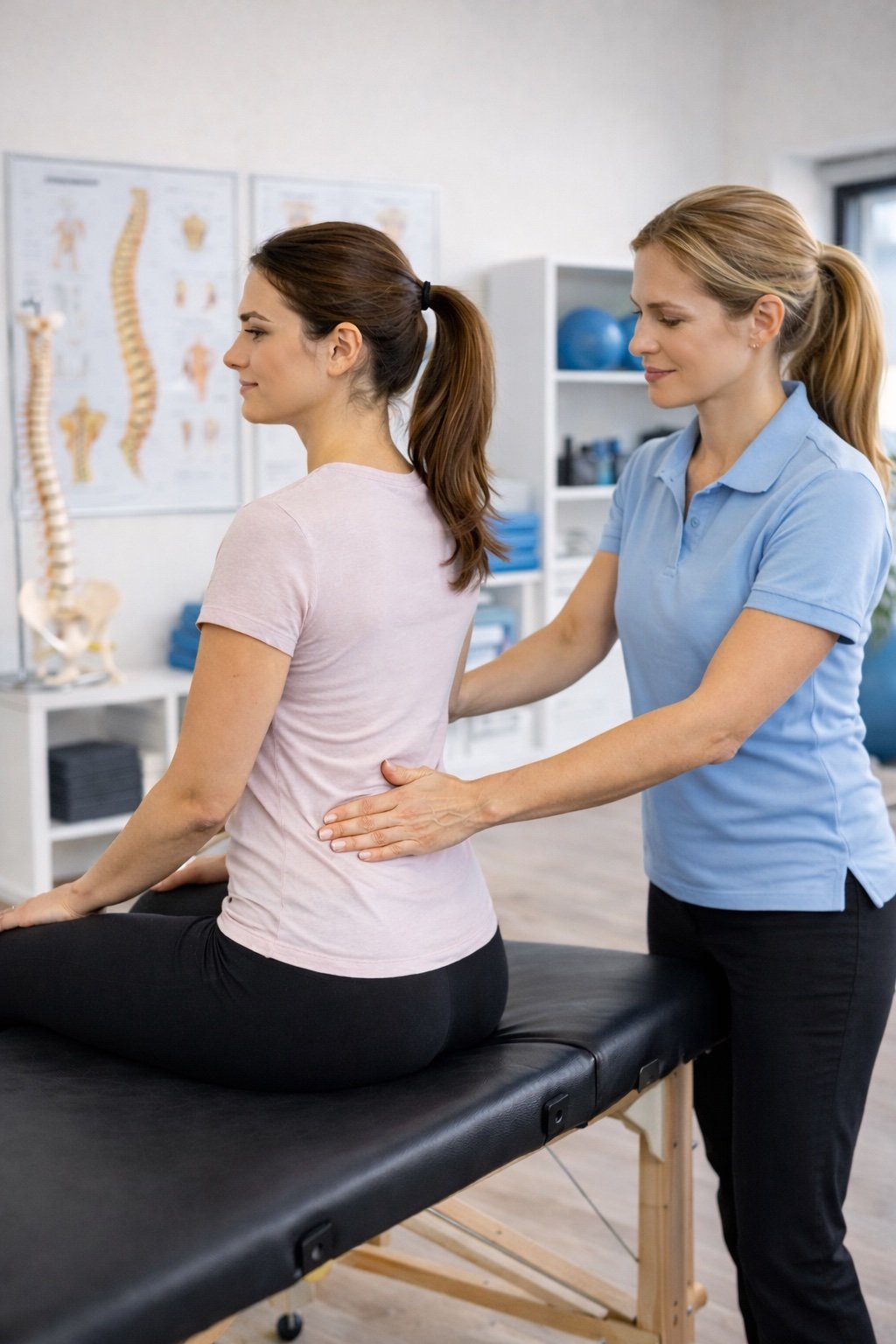 A physical therapist showing a woman with back pain how to stretch or relieve pain in a medical office with spine and skeleton diagrams in the background.