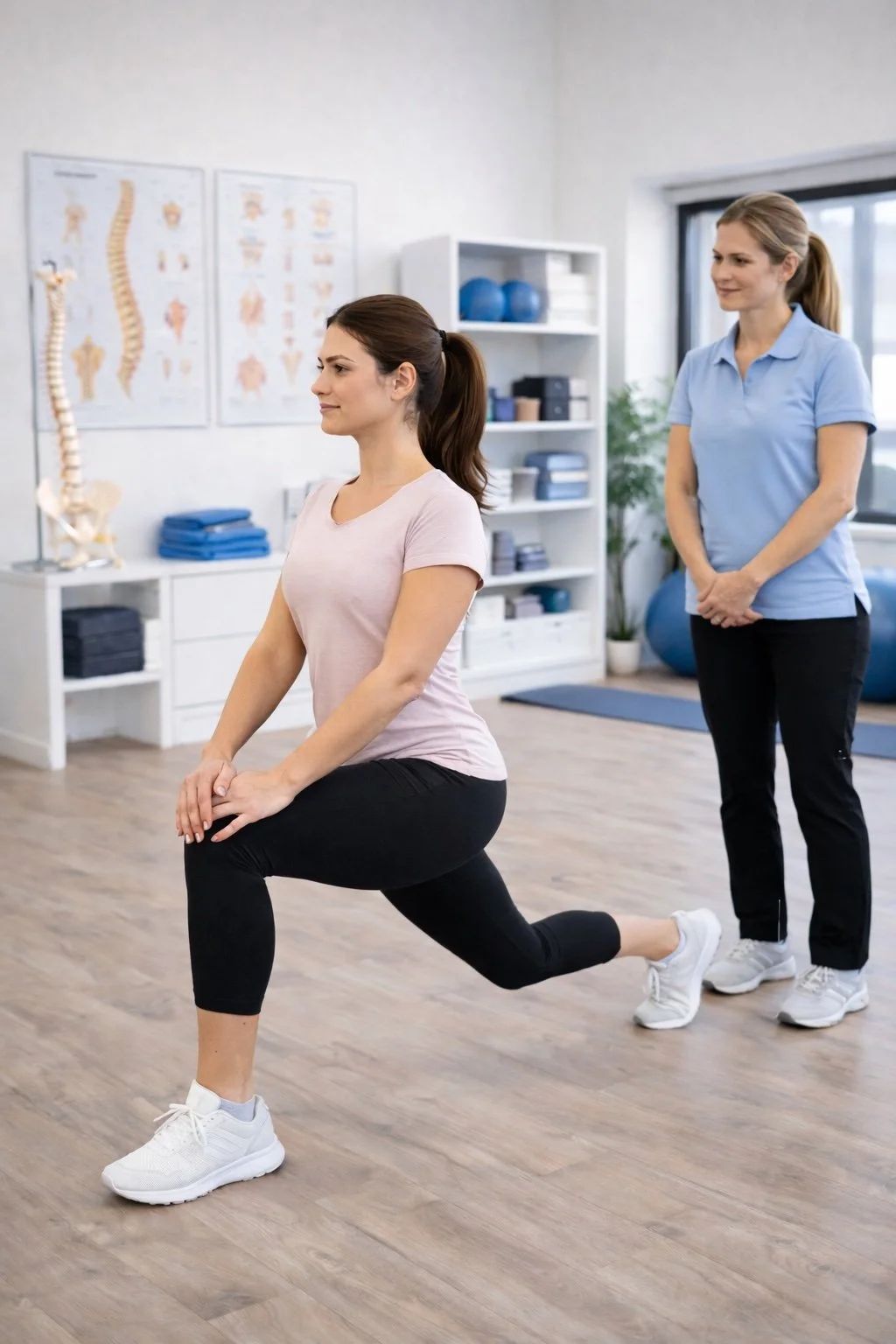 A woman kneeling in a lunge position during physical therapy, with a healthcare professional observing in a clinic with anatomy charts and medical equipment.