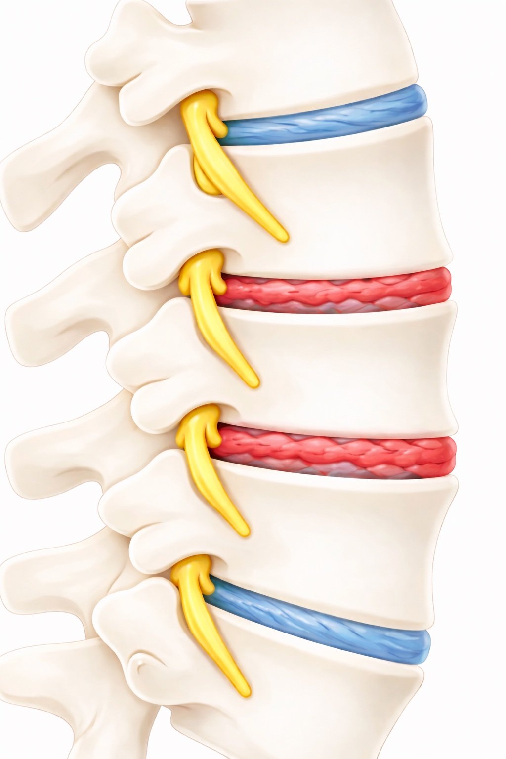 Diagram of a human spine showing intervertebral discs, nerves, and vertebrae with color coding for structures.