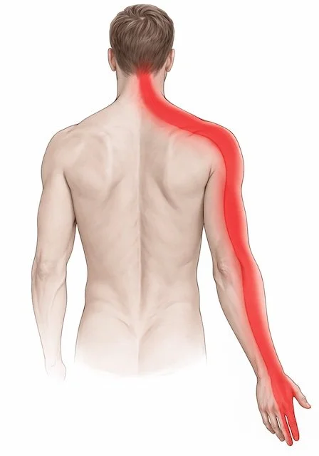 Back view of a shirtless man with a red highlighted area indicating pain or injury from the neck down the right arm to the hand.