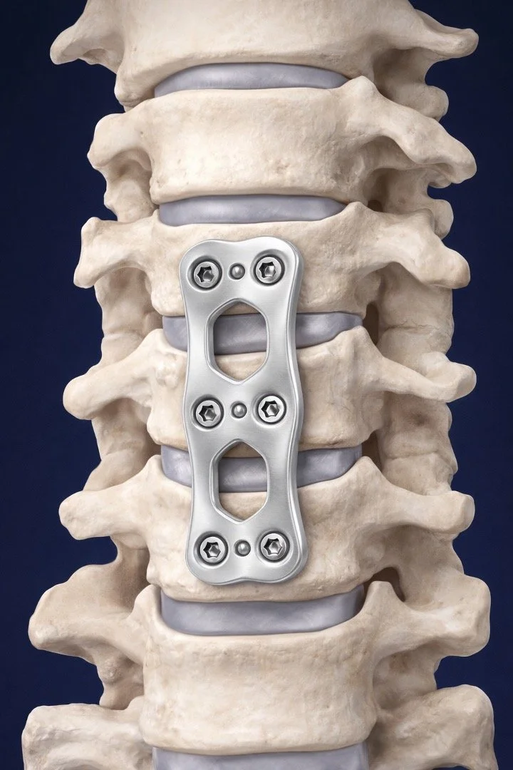 A model of a human cervical spine with a metal spinal fixation plate attached to some of the vertebrae.
