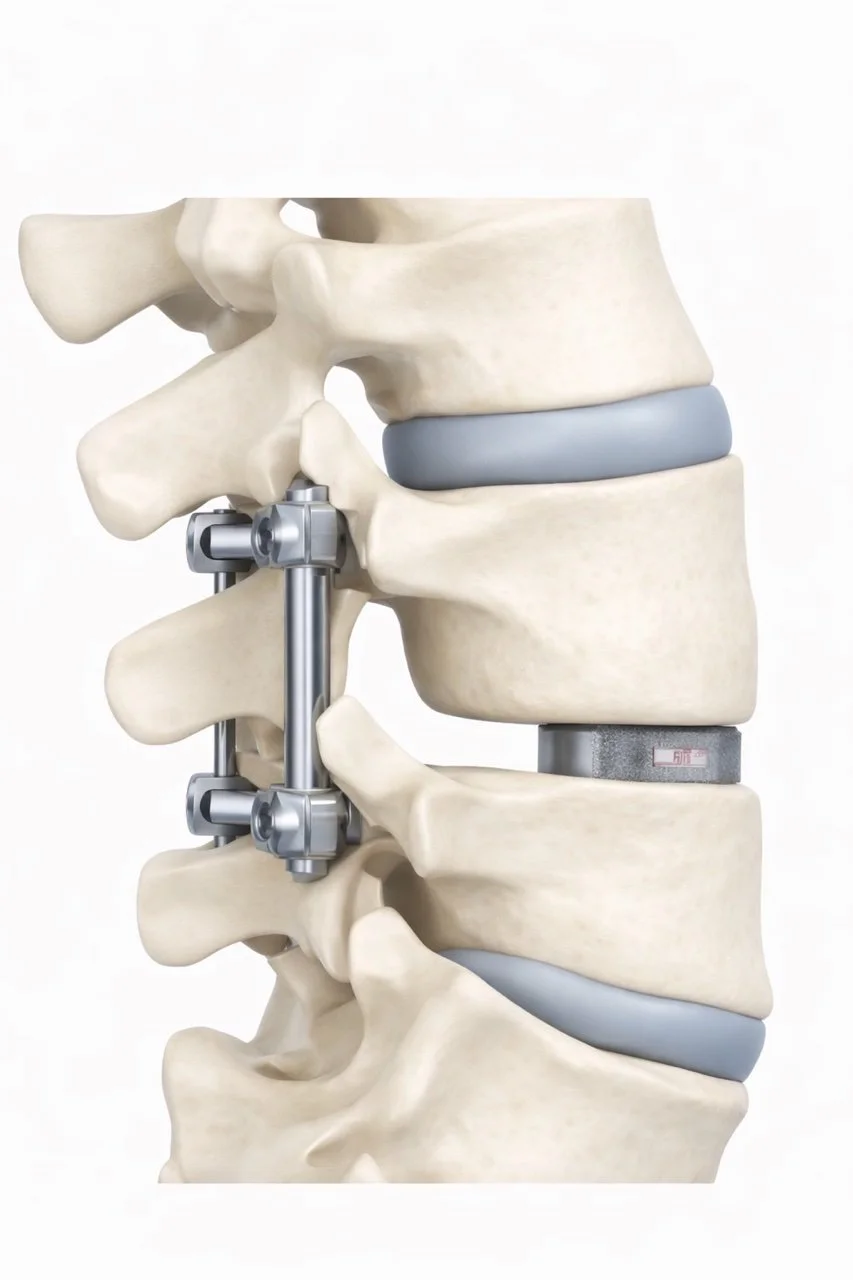 A detailed anatomical model of a human spine showing vertebrae, intervertebral discs, and spinal hardware, possibly used for educational or medical purposes.