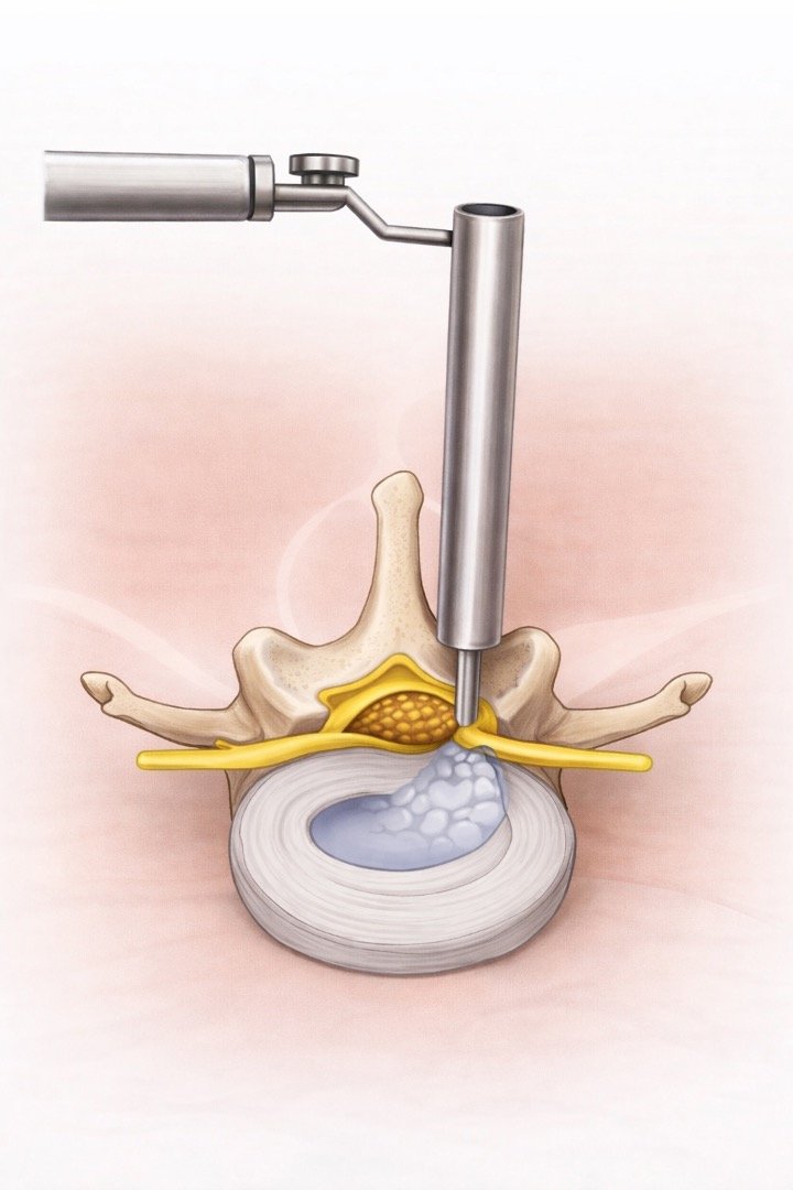 Medical procedure involving a needle injecting into an intervertebral disc of a spine.