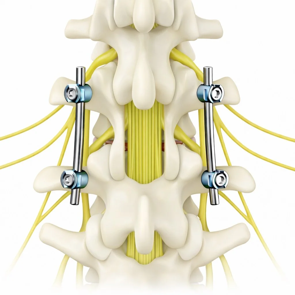 A detailed anatomical model of the human spinal column showing vertebrae, spinal nerves, and surgical screws.