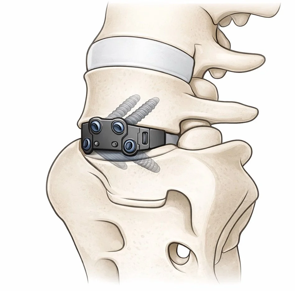 Diagram of lumbar spine showing a spinal fusion surgery with metal plates and screws.