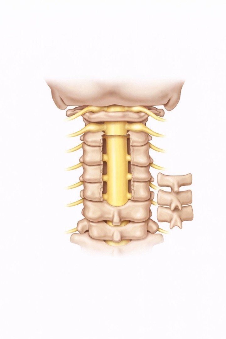 Illustration of human spinal vertebrae, highlighted section of the cervical spine, with an inset showing a close-up of a few cervical vertebrae.