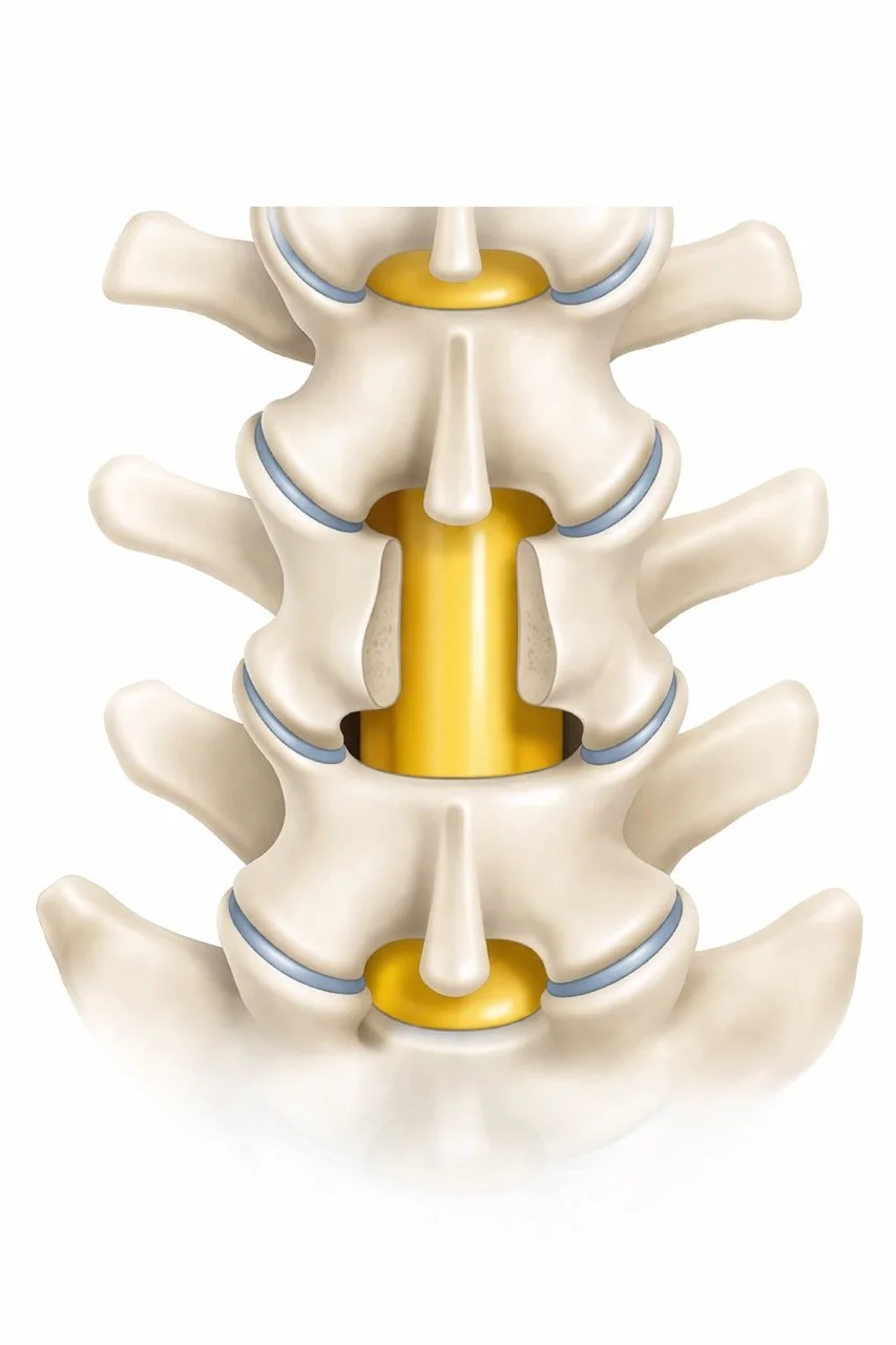 Illustration of three vertebrae in the human spine, showing intervertebral discs and spinal canal.