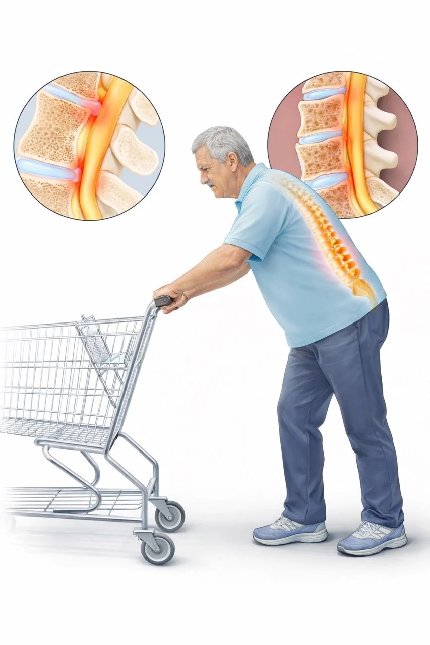 Illustration of an elderly man pushing a shopping cart, with a focus on his back showing spinal issues. Two circular diagrams detail herniated and degenerated vertebral discs in the spine.