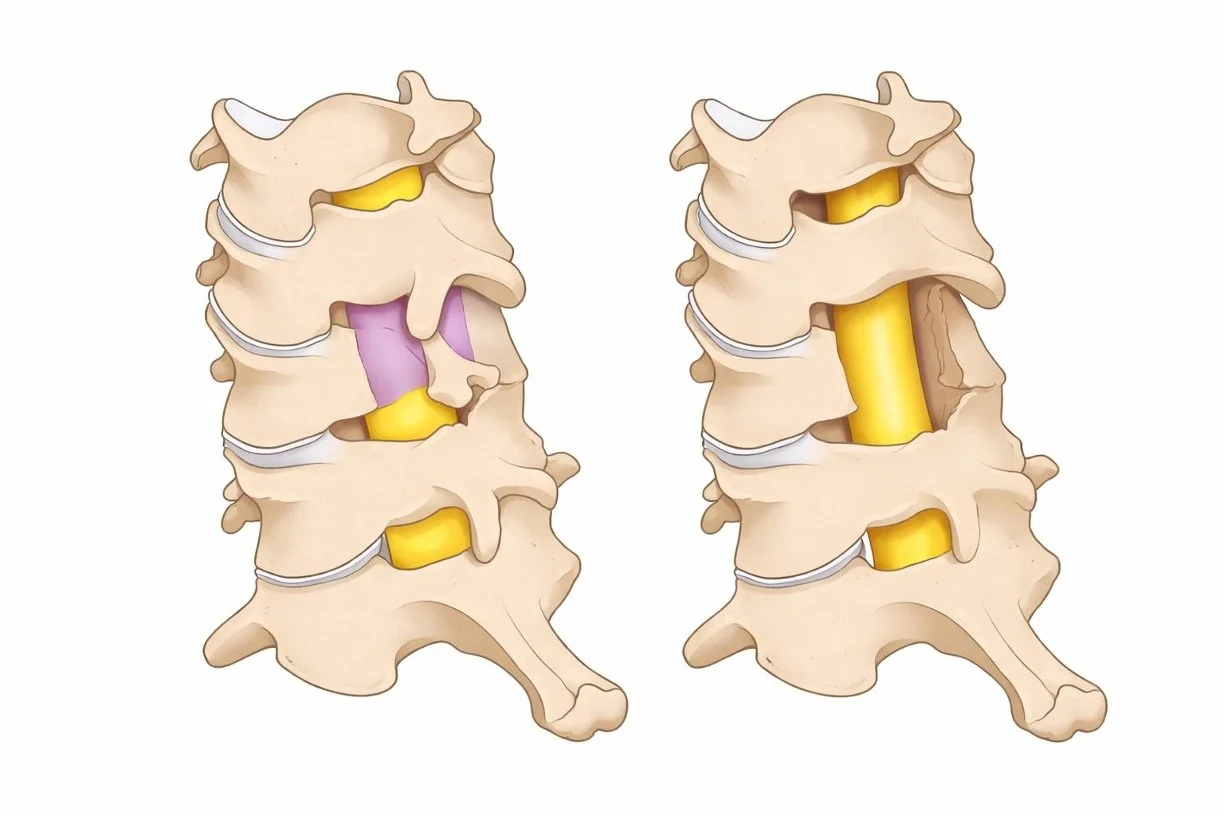 Diagram of the human spine showing a comparison between a herniated disc (left) and a healthy disc (right).