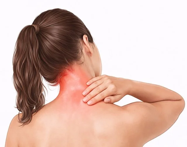 Woman with brown hair in a ponytail holding her neck, which appears red and irritated.