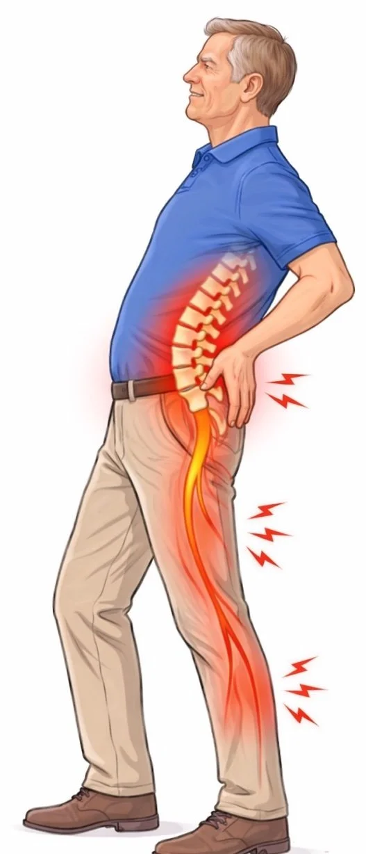 A man holding his lower back and side with visible pain radiating down his leg as illustrated by red lightning bolts, highlighting back and sciatic nerve pain.