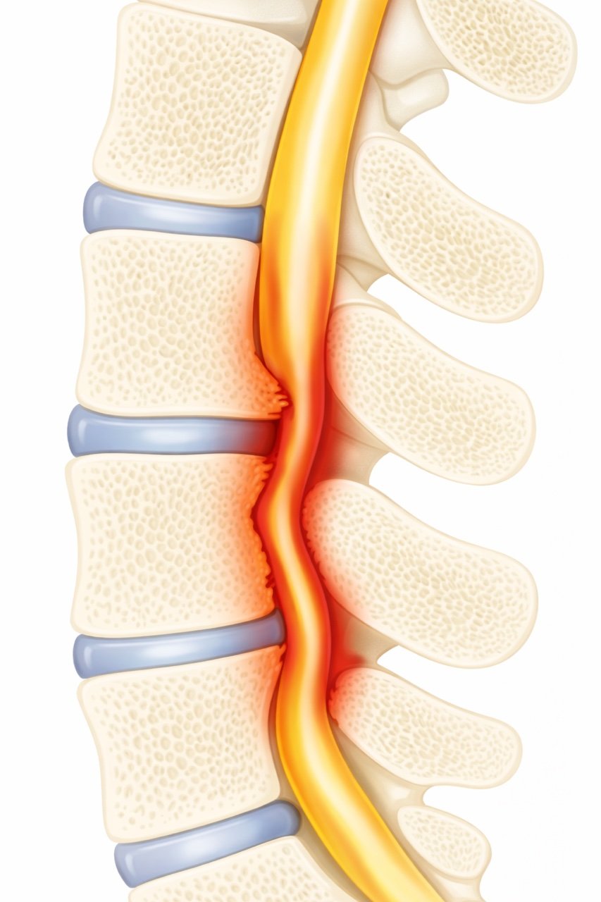 An illustration of a human spine showing a herniated disc pressing on a spinal nerve with inflammation.