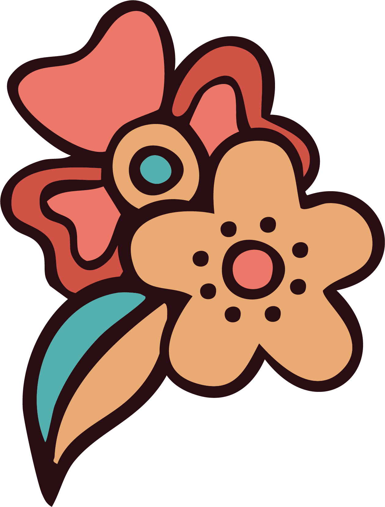 Colorful cartoon flower with orange petals, teal accents, and a pink center.