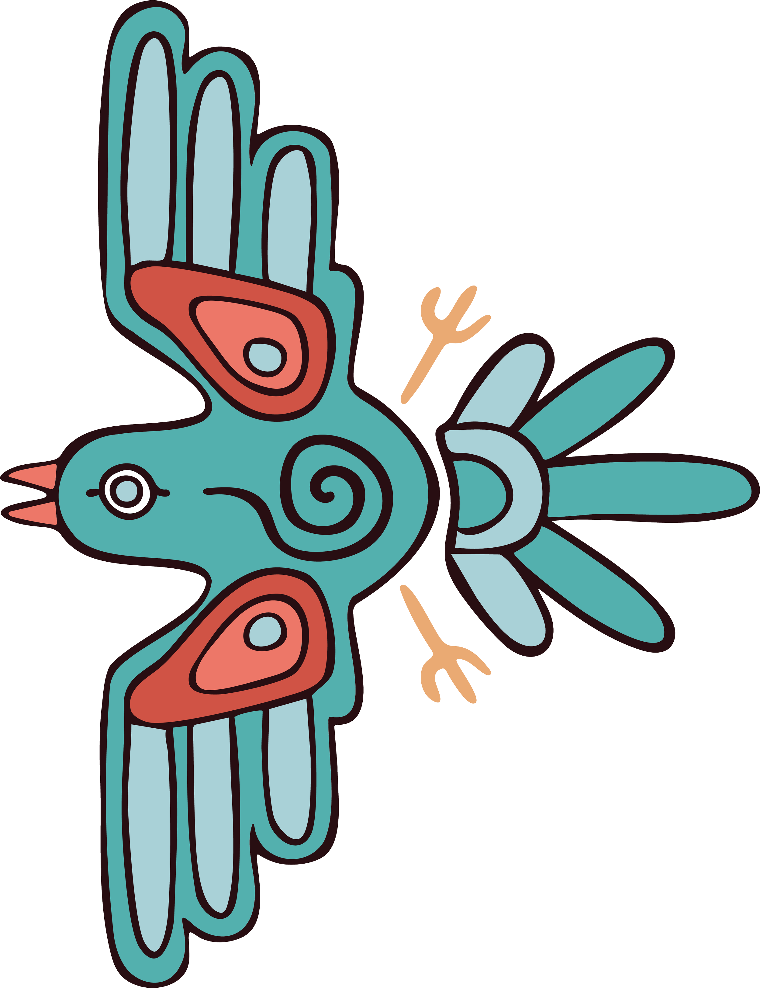 Colorful abstract illustration of a bird with large wings, a spiral on its body, a small pointed beak, and three tail feathers, featuring a yellow forked object nearby.