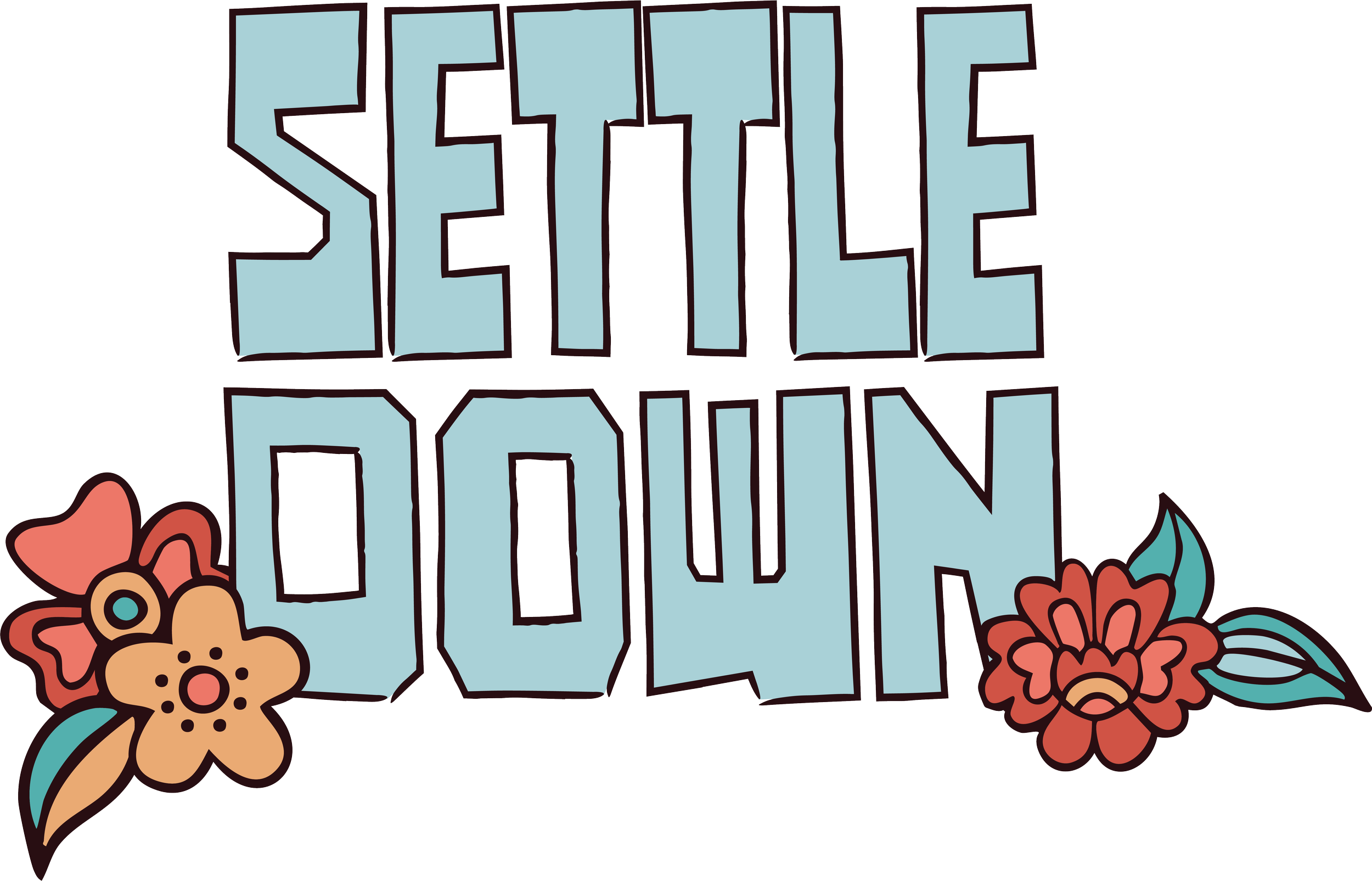 Colorful hand-drawn text reading "Selfie Loving" with floral decorations, including a yellow flower with pink and teal accents on the left and a pink flower with teal leaves on the right.