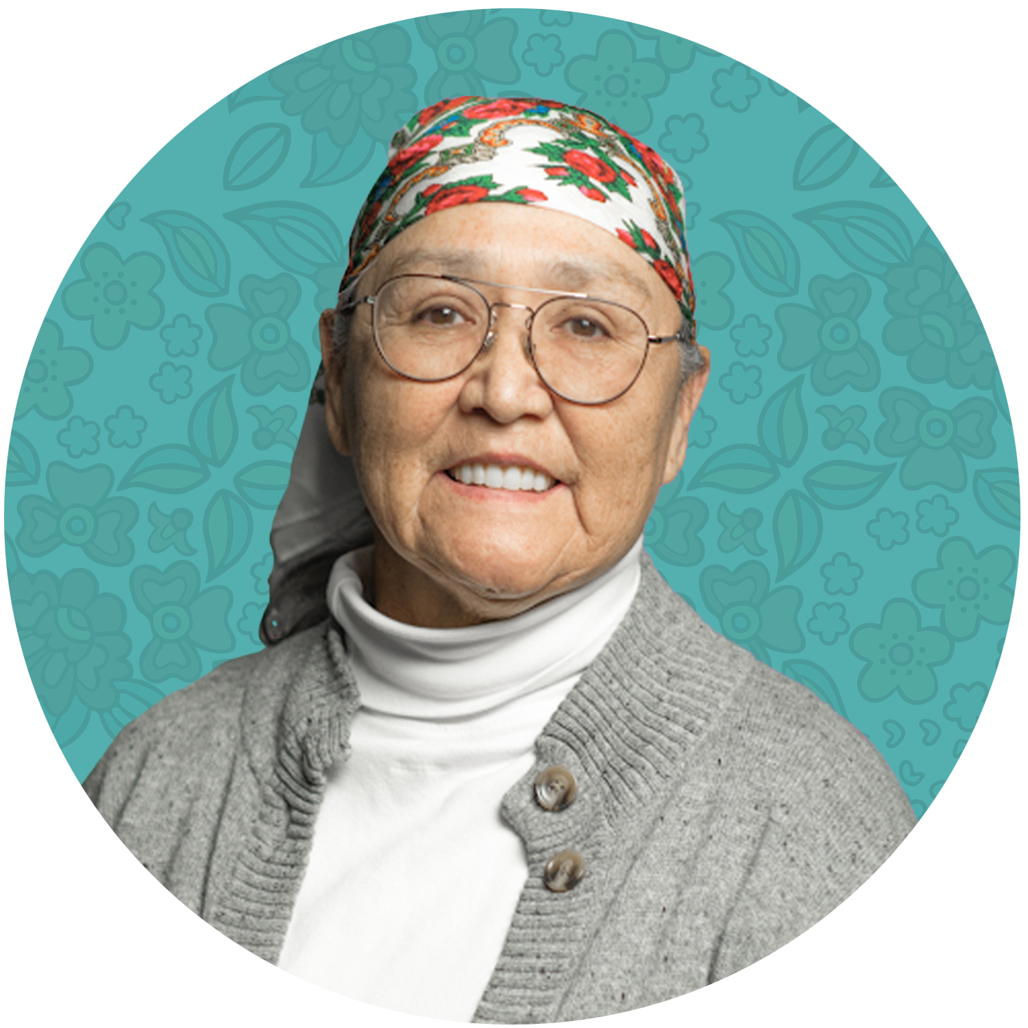 Elder Theresa Strawberry. An elderly woman smiling, wearing glasses, a floral bandana, a gray cardigan, and a white turtleneck, against a blue background with floral patterns.