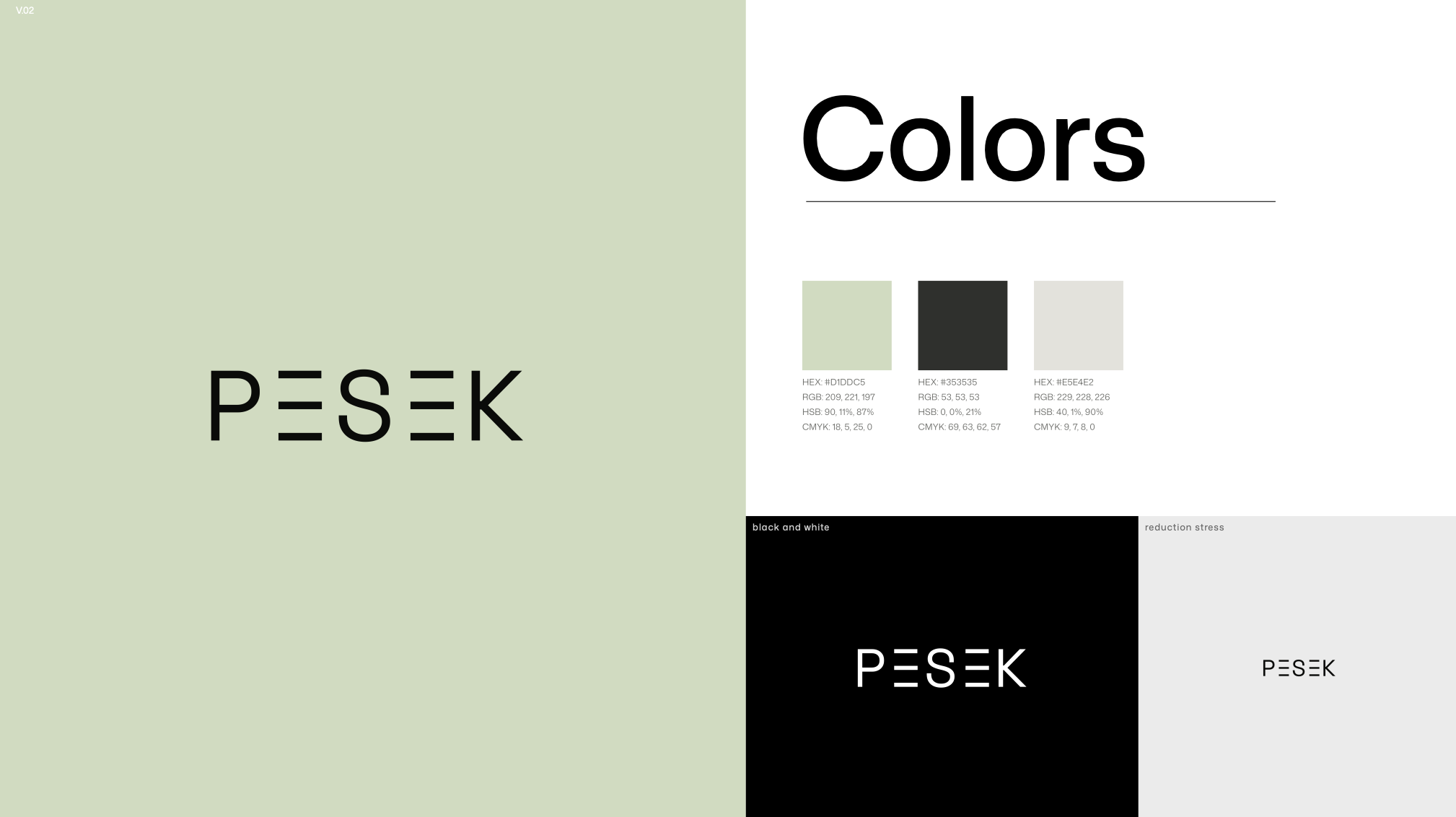 A color palette and text design showing the word PESEK in various styles, including green, white, black, and gray backgrounds with matching text colors and color codes.