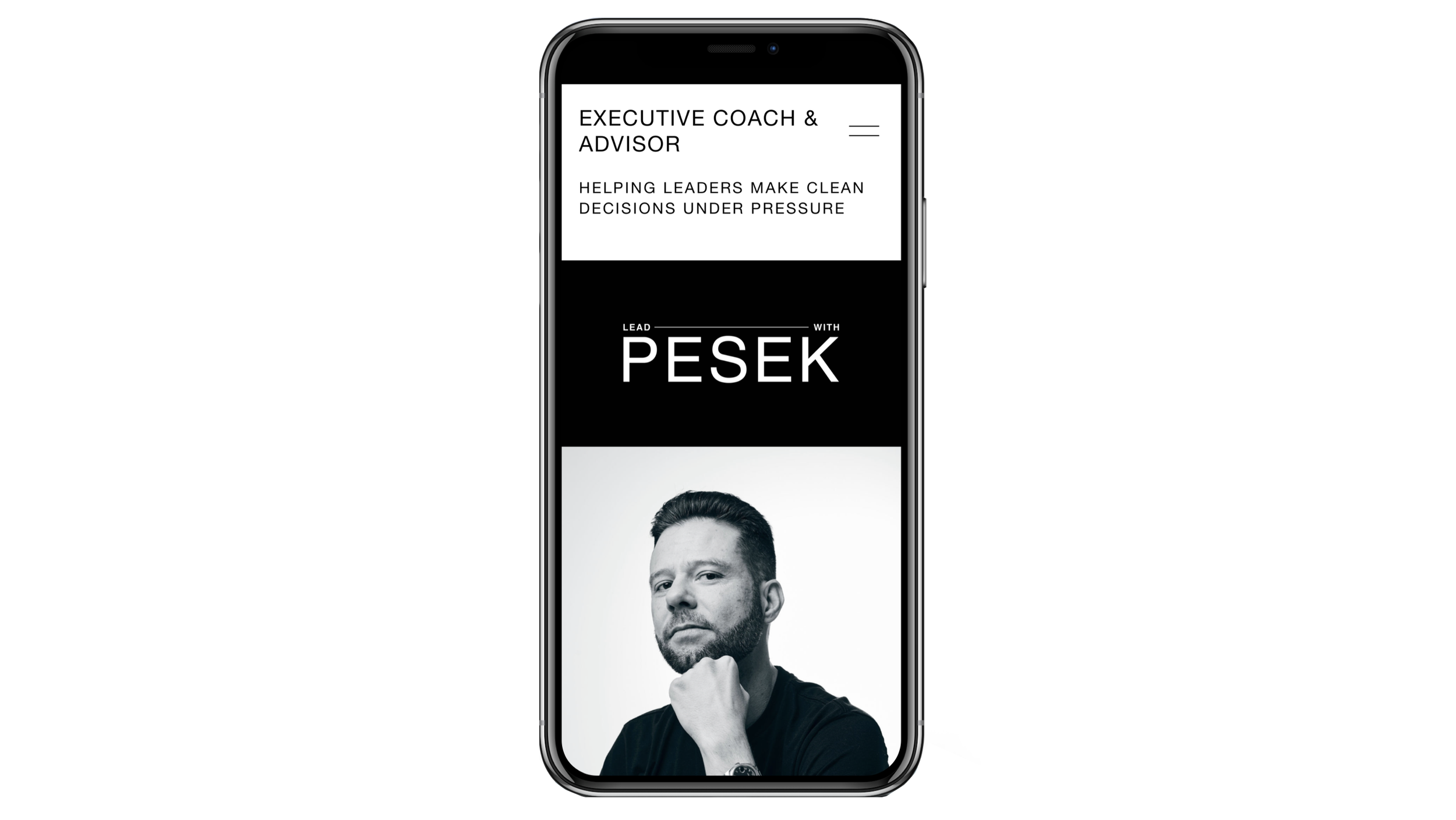 A smartphone screen displaying a professional profile with a black-and-white photo of a man with short hair, beard, and wearing a dark shirt, holding his chin with his hand. The profile header reads 'EXECUTIVE COACH & ADVISOR' with a subtext 'HELPING LEADERS MAKE CLEAN DECISIONS UNDER PRESSURE.' Below is a large text block that says 'LEAD PESEK'.