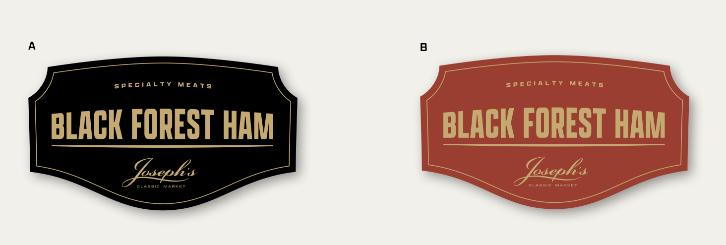 Two labels for Black Forest Ham, one black and one red, both with gold text, from Joseph's Classic Market.