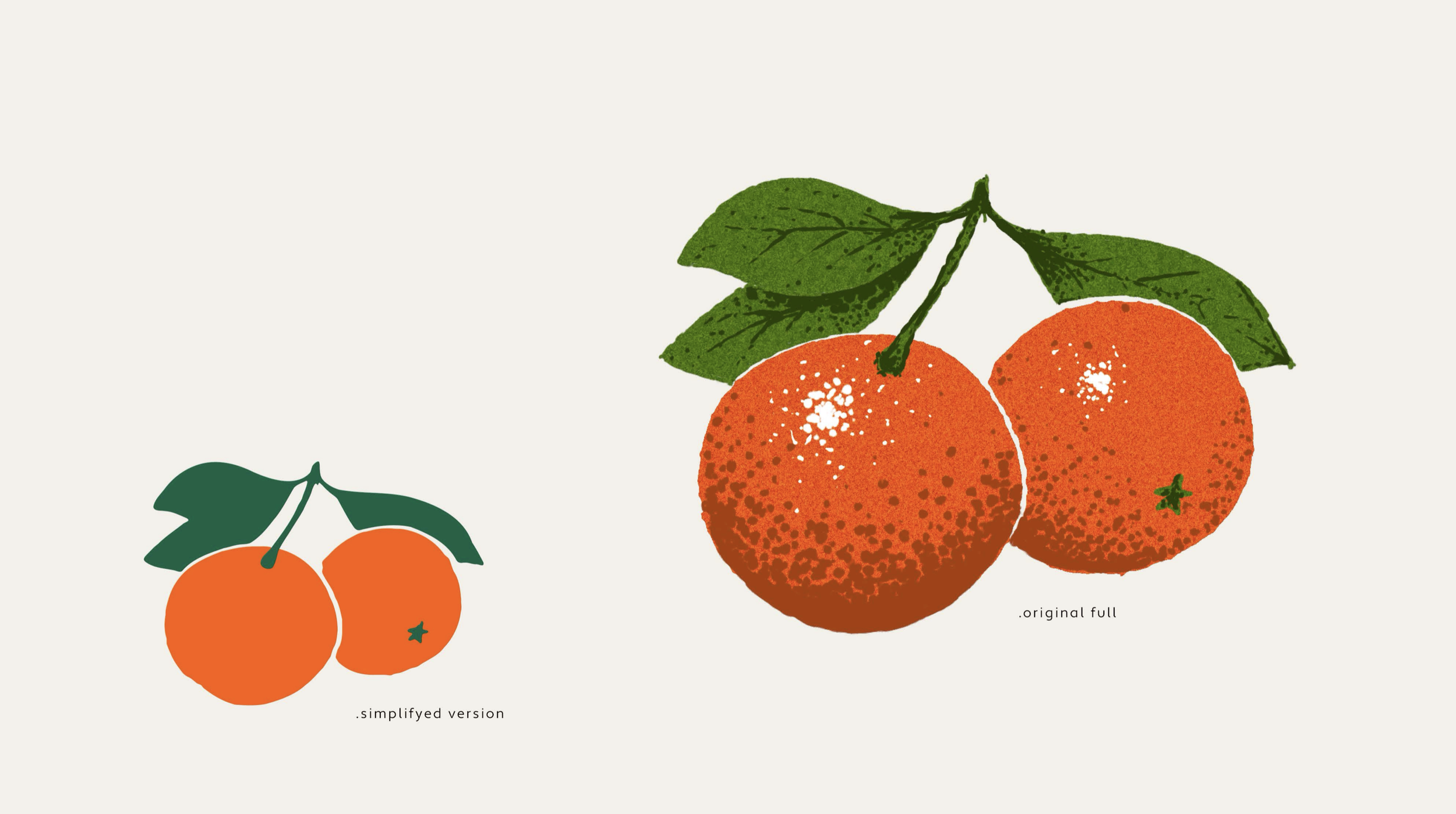 Comparison of two orange fruit illustrations: one simplified and one detailed, with green leaves. Robert Ranfranz creative studio.
