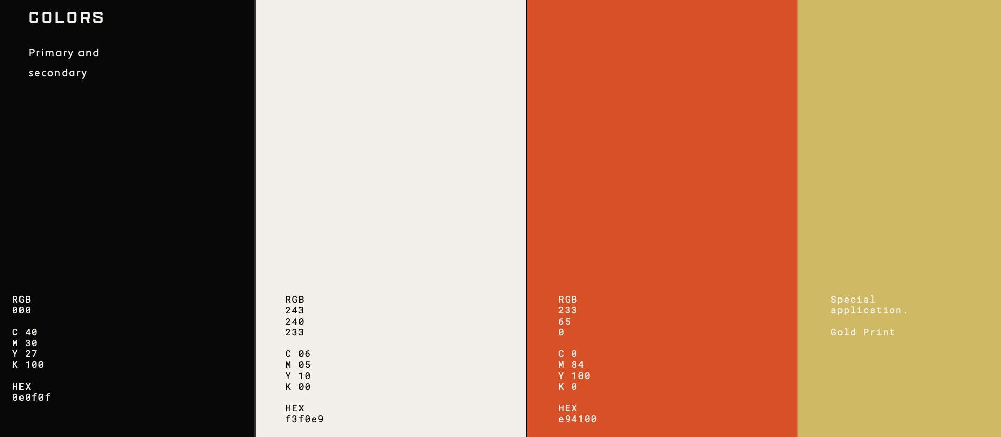 Color palette with four sections showing primary and secondary colors, including black, white, orange, and gold, with RGB, CMYK, HEX codes, and descriptions.