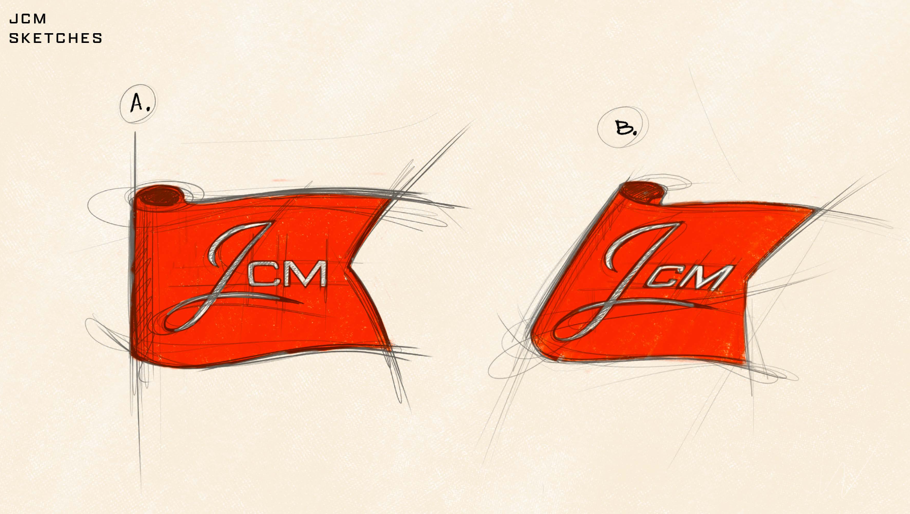 A digital sketch of a red flag with a cursive J, C, and M, on a beige background, shown from two different angles.