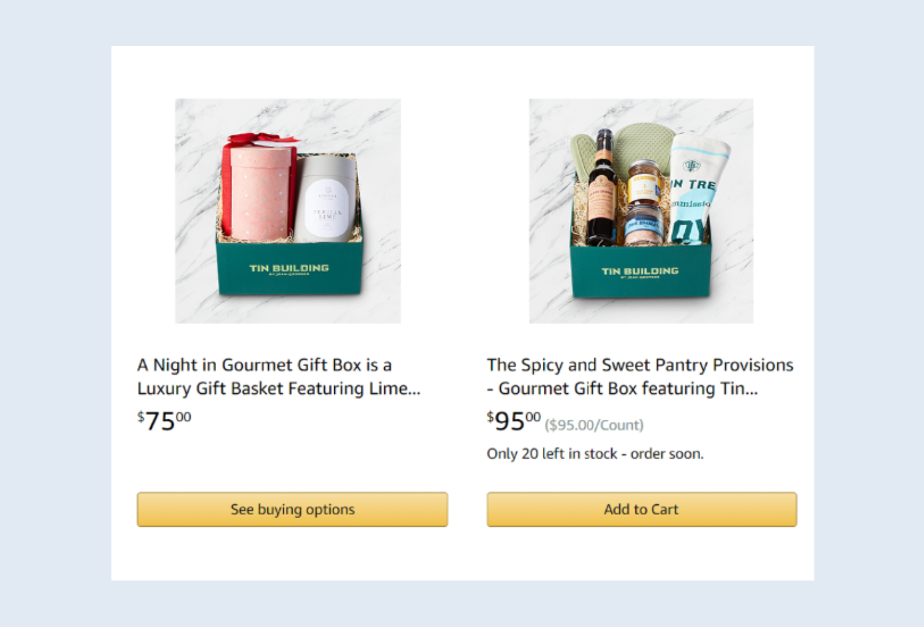 Two images of gift boxes. The first is a luxury gift basket with a pink wrapped item and a white candle, labeled 'Tiffany & Co.' and 'Tin Building.' Robert Ranfranz branding, design and ecommerce.