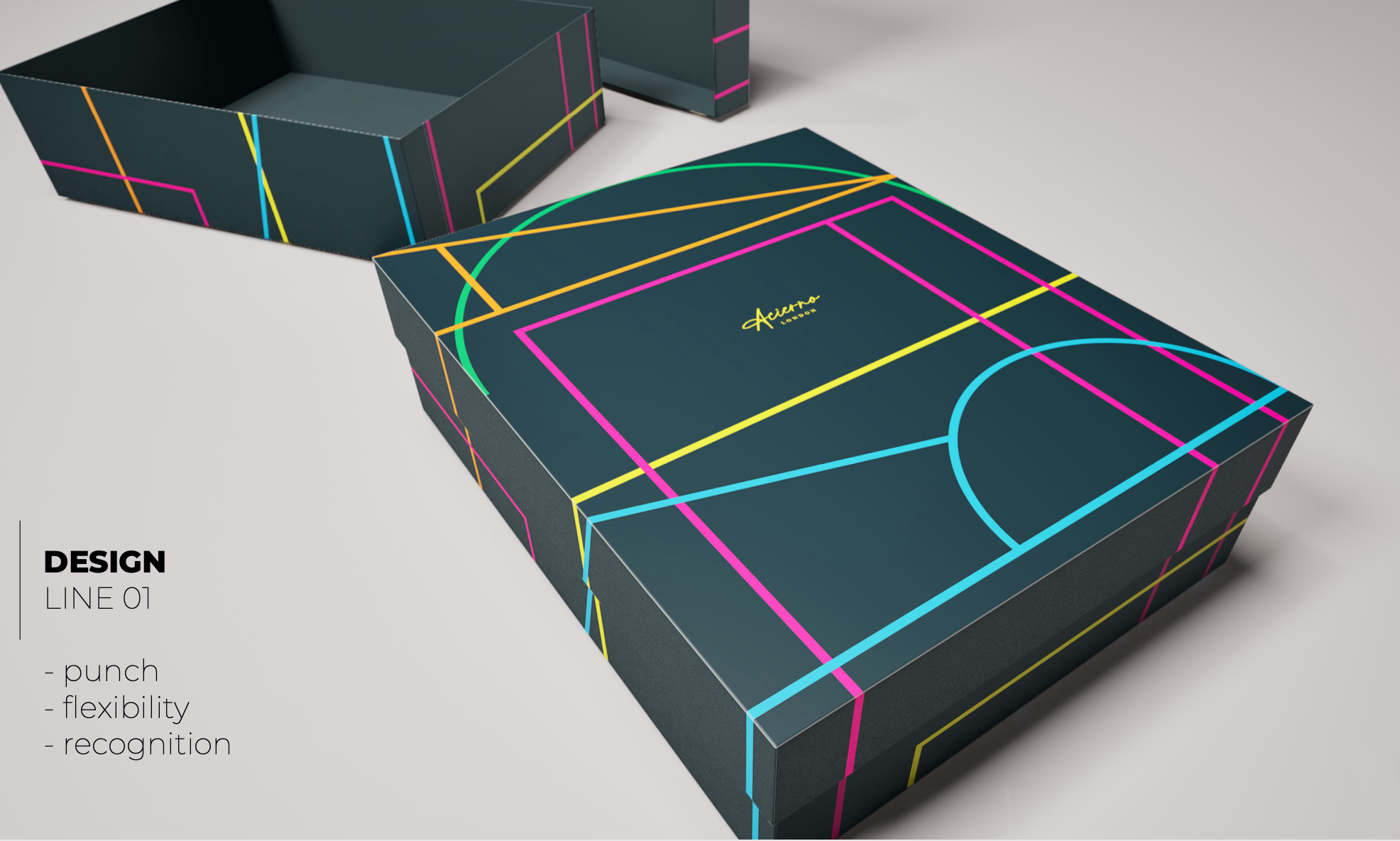 A dark-colored box with bright neon lines in pink, yellow, blue, and orange forming geometric patterns on the surface, with the word 'Acuna' written in yellow in the center and a matching smaller box in the background, resembling a sports-themed product packaging.