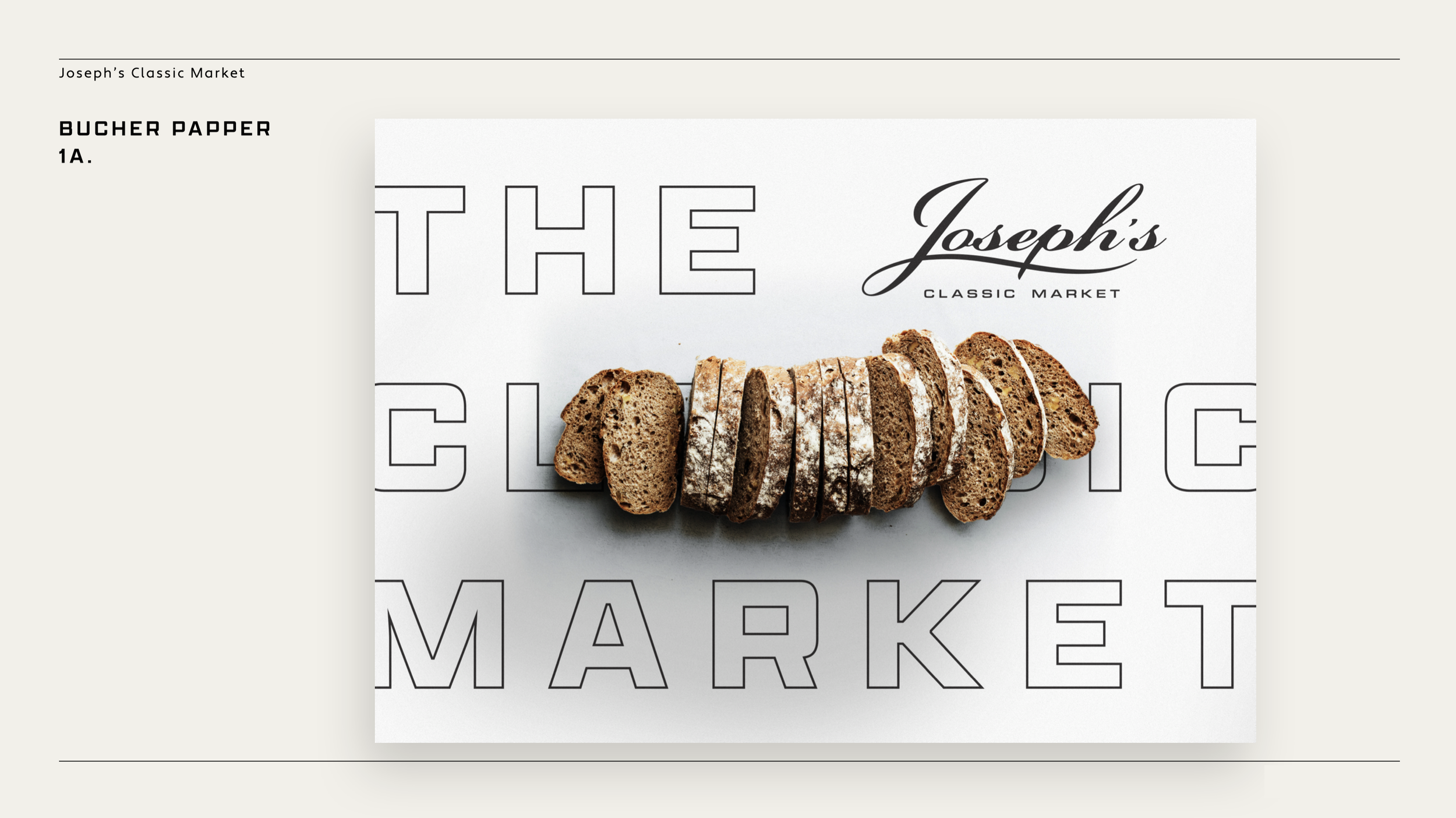A sliced loaf of multigrain bread on top of a sheet of paper with text, with the words 'Joseph's Classic Market' and 'THE BuCHER PAPER 1A' visible.  Robert Ranfranz creative studio.