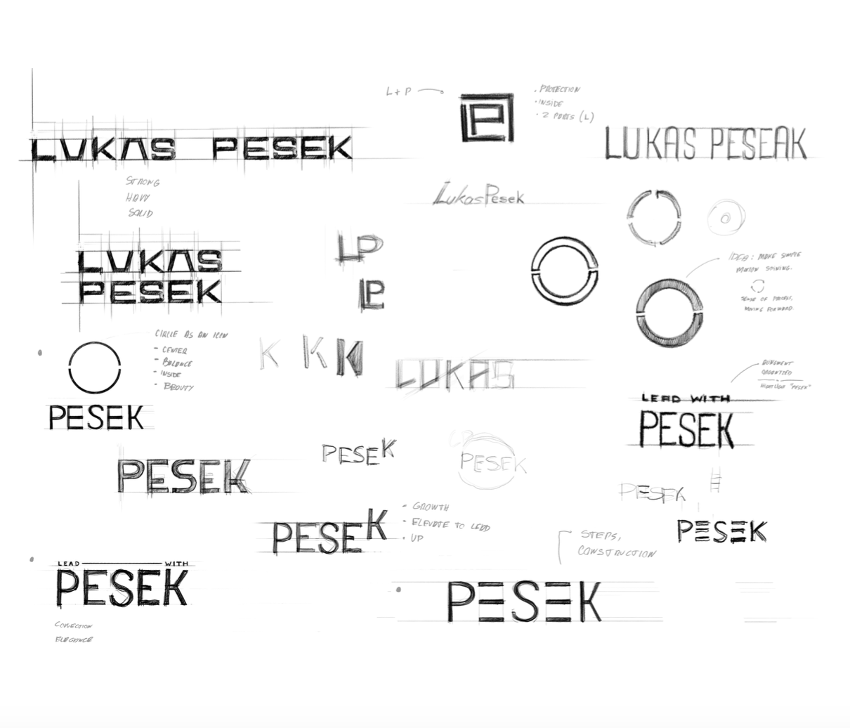 Sketches and designs for the word "PESEK" showing different fonts, styles, and graphical elements, with notes on design concepts.