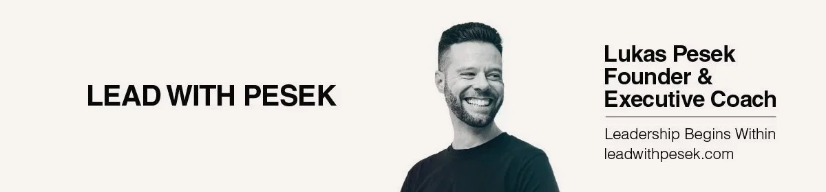 A professional banner featuring Lukas Pesek, Founder and Executive Coach, with a smiling man in a black shirt on a white background. Text includes leads with Pesek, his name, title, and website.