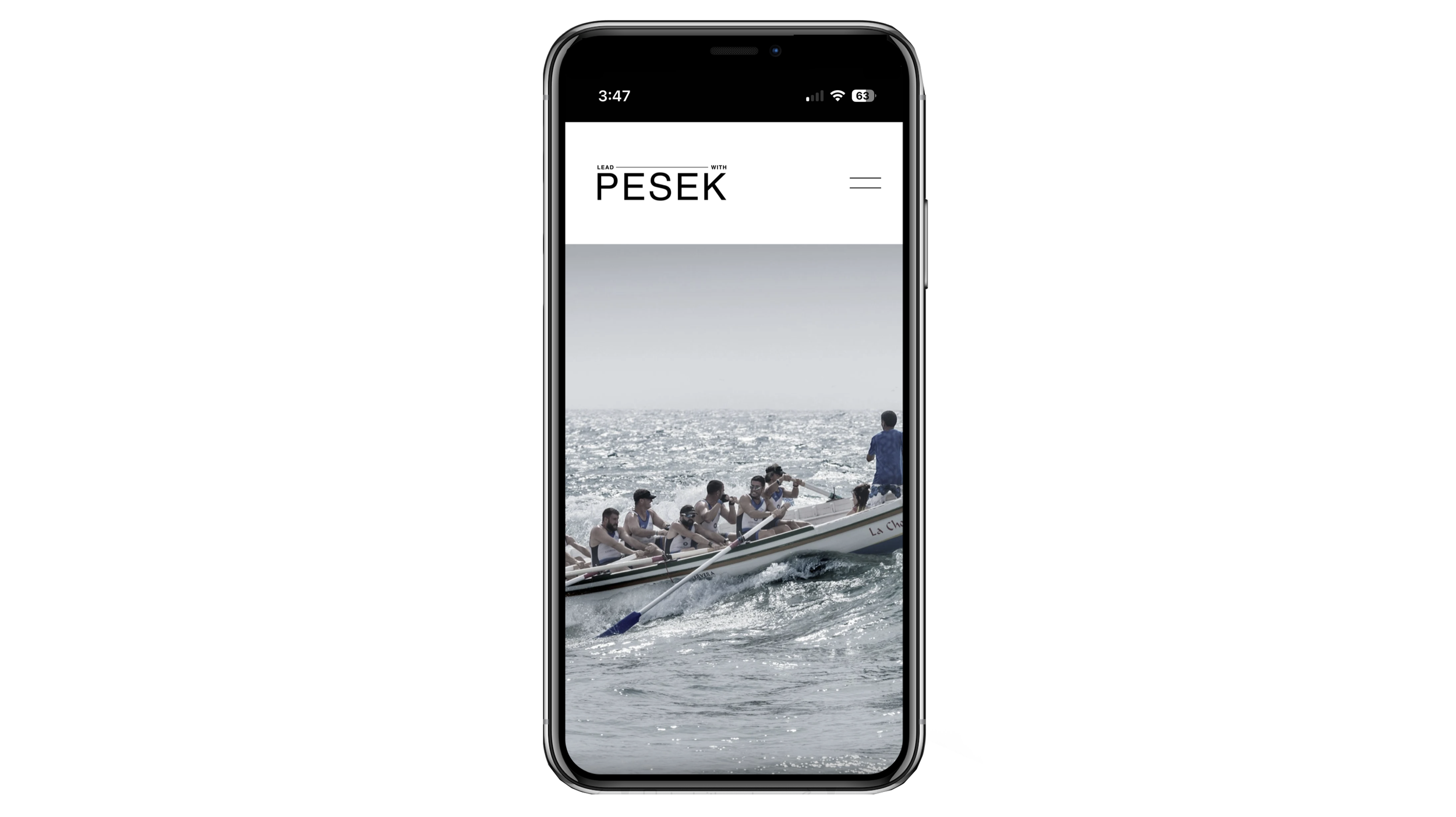 A smartphone screen displaying a photo of a rowing team on a boat in the water. Lead with Pesek website design. Robert Ranfranz.