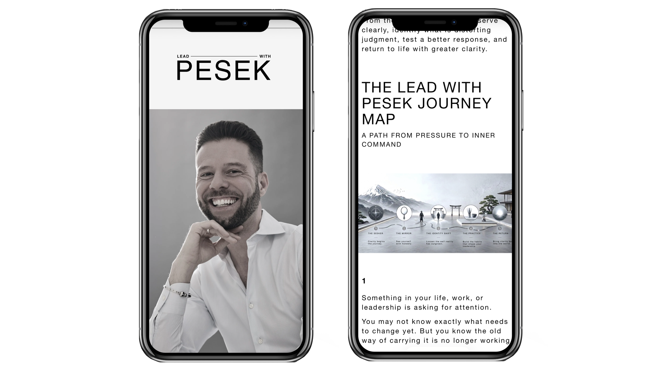 Two smartphones display a digital presentation titled 'Lead with PESEK.' The left phone shows a smiling man in a white shirt with a gray background, while the right phone shows the presentation content. Lead with Pesek website design. Robert Ranfranz