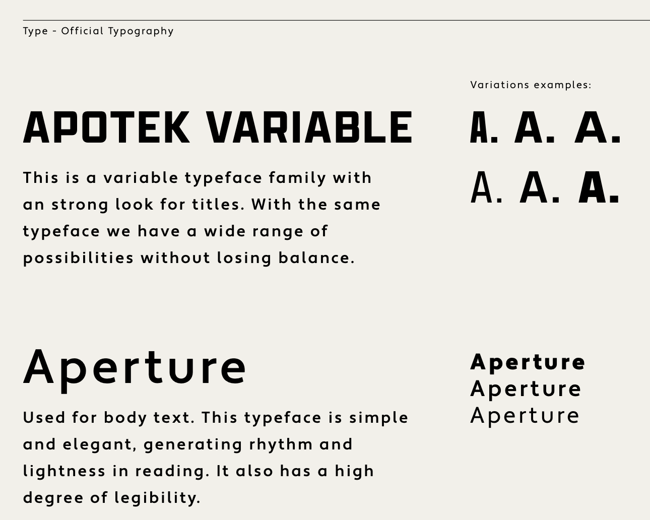 Sample typography guide featuring font styles like 'APOTEK VARIABLE' and 'Aperture,' with examples and descriptions of their usage.