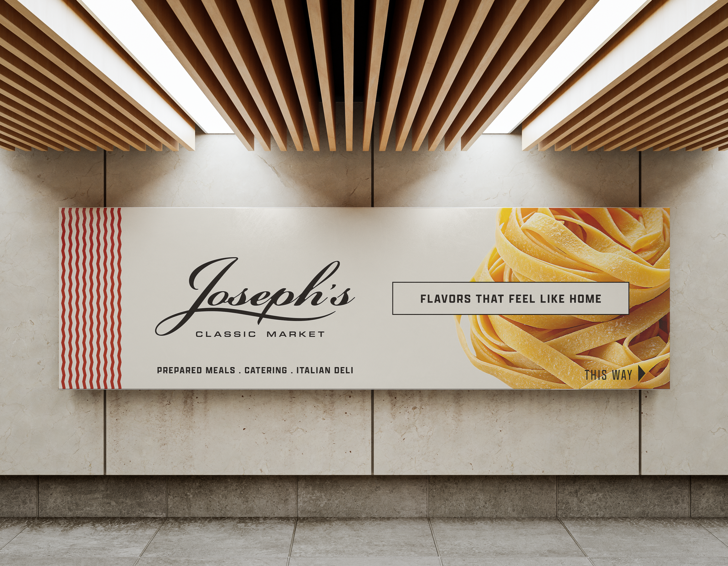 A restaurant menu displaying Joseph's Classic Market with pasta on the cover, featuring a yellow pasta dish, and a wooden ceiling with illuminated panels. Robert Ranfranz branding, design and packaging. retail.