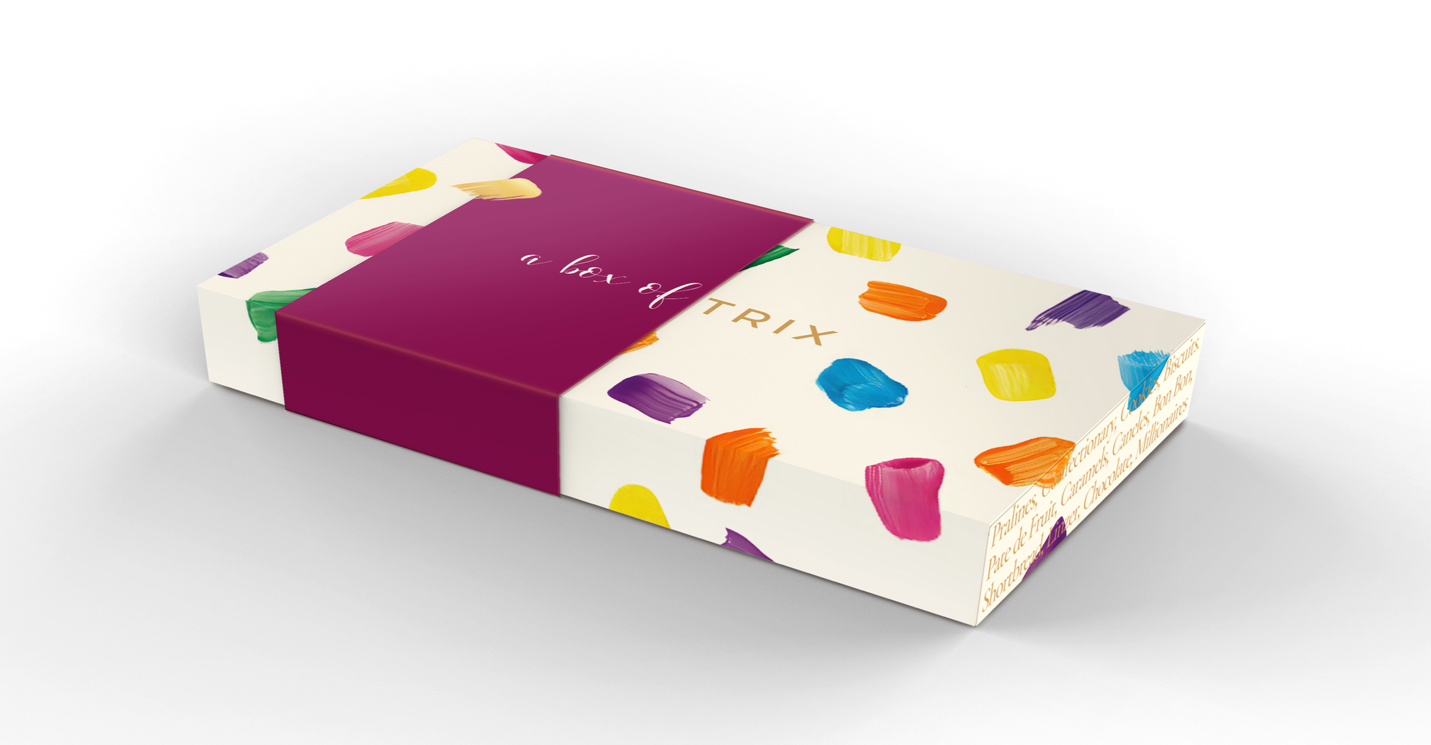 A colorful box of assorted chocolates with a purple band and multicolored paintbrush stroke design. Robert Ranfranz branding, design and packaging.